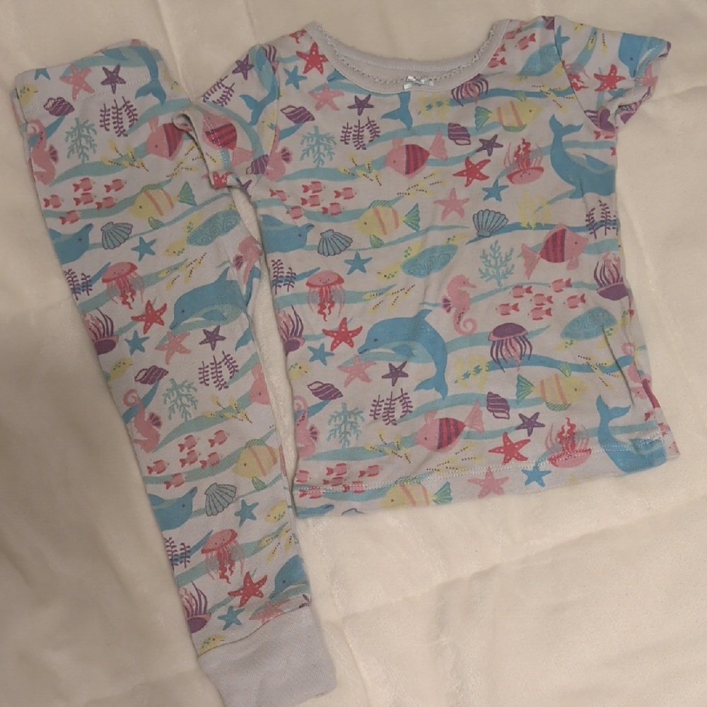 Kids Headquarters Girls White Pajama Set with Blue, Pink, Yellow Sea Life Print